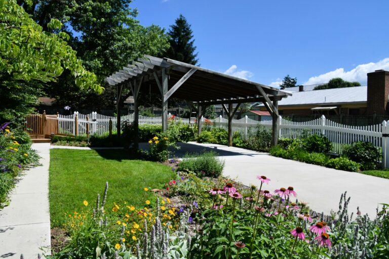 A landscaped carport patio in a typical middle class neighborhood